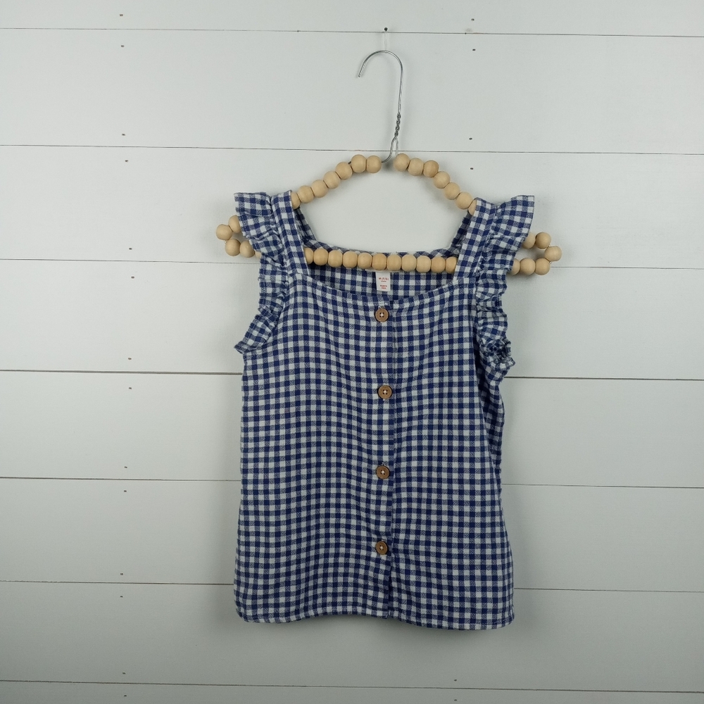 Cat & Jack girls size 7-8 blue white gingham plaid ruffle top wooden buttons up